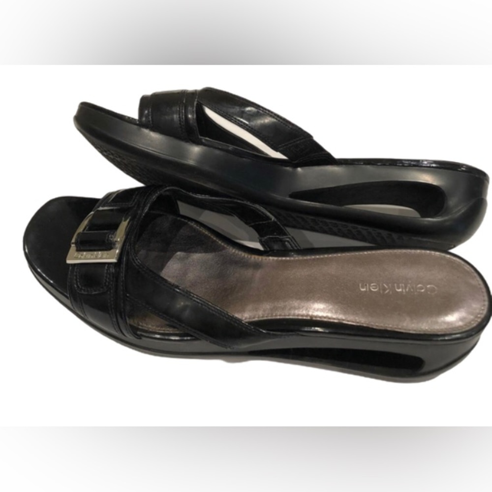 Calvin Klein Black Patent Slide Sandals with Silver Buckle